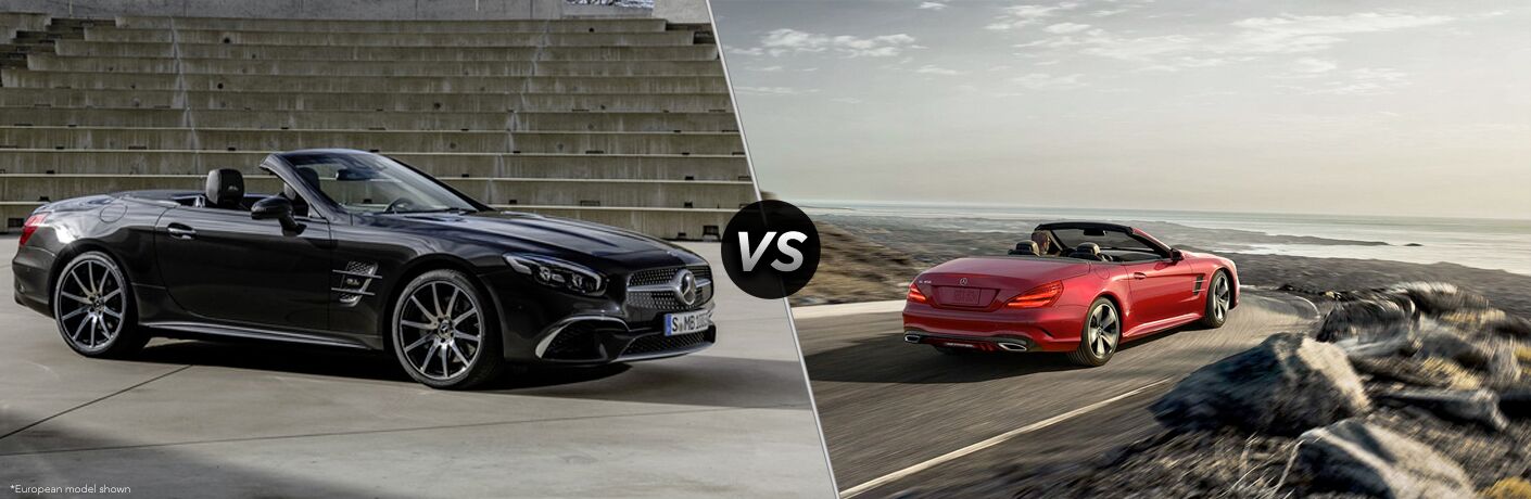 2020 MB SL exterior front fascia and passenger side in empty concrete stadium vs 2019 MB SL exterior back fascia and passenger side on blurred highway