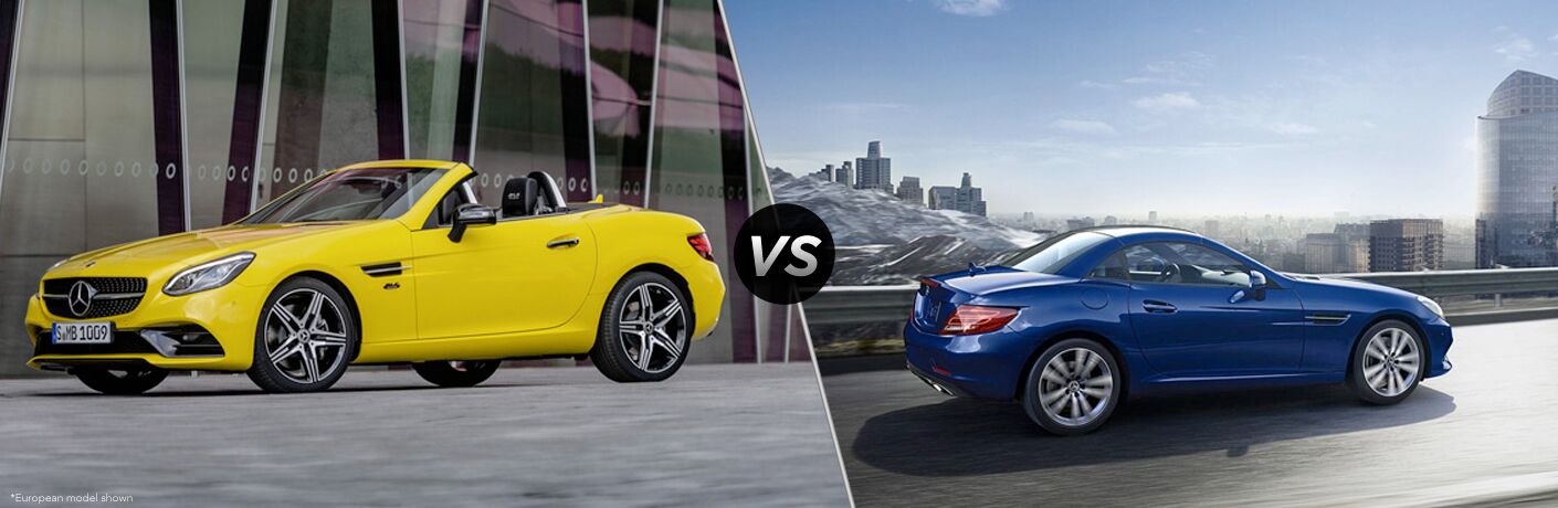 2020 MB SLC exterior front fascia and drivers side next to wall vs 2019 MB SLC exterior back fascia and passenger side on road with distant city in background