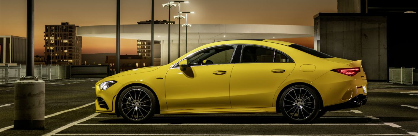 2020 MB A-Class exterior driver side profile in empty parking lot