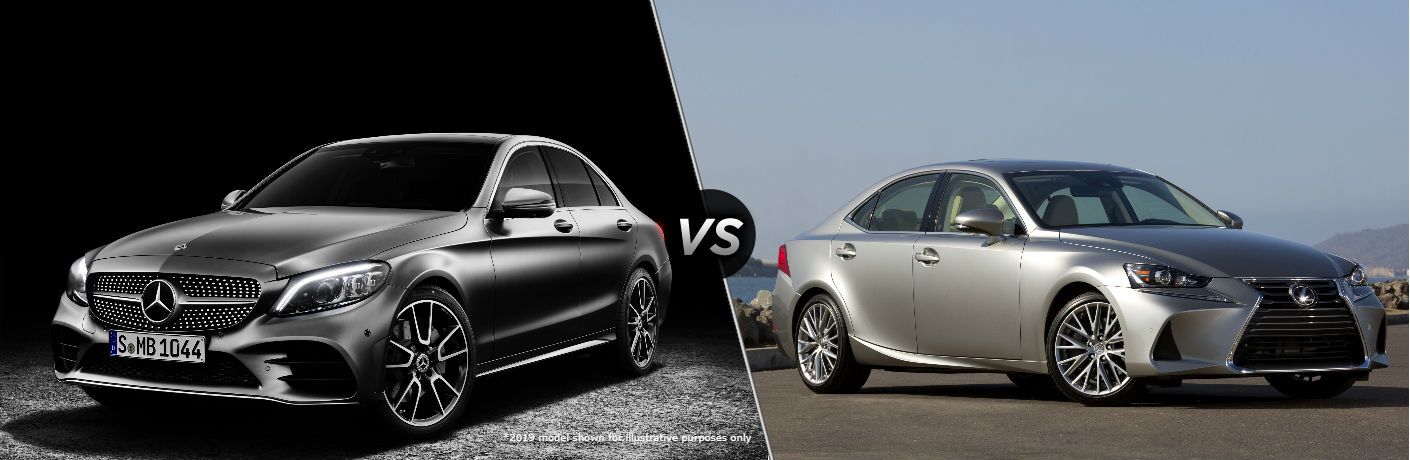 2020 MB C-Class exterior front fascia and drivers side in gray room vs 2019 Lexus IS exterior front fascia and passenger side in empty lot overlooking water