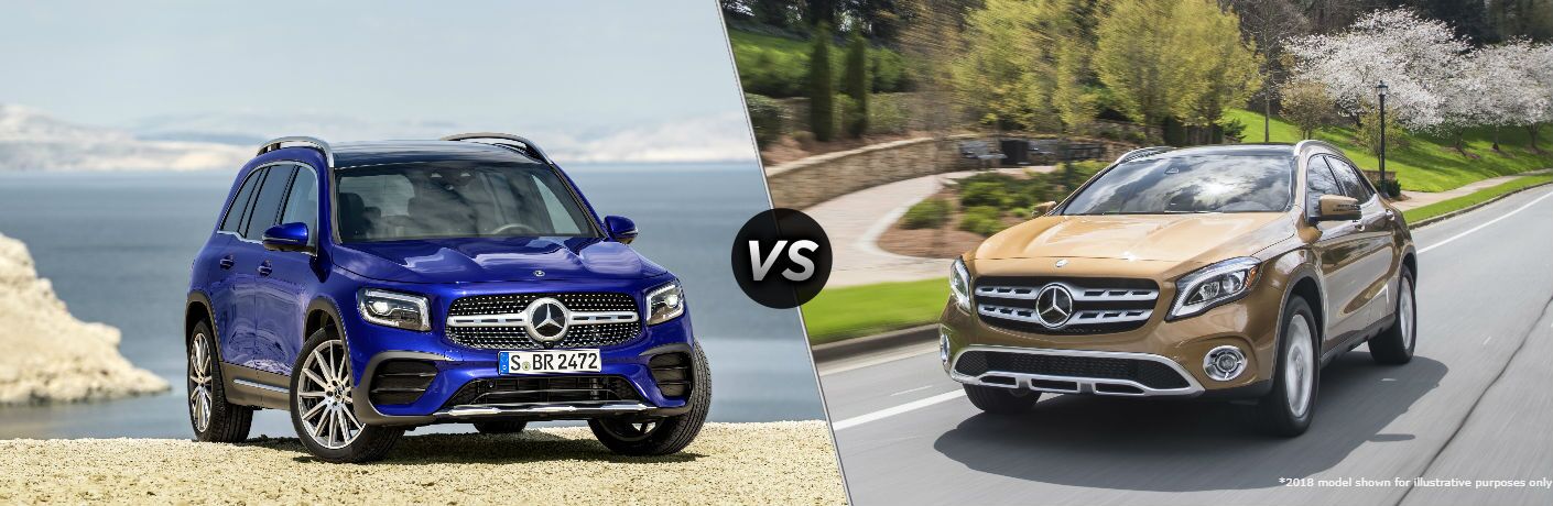 2020 MB GLB exterior front fascia and passenger side on beach vs 2020 MB GLA exterior front fascia and driver side going fast on road