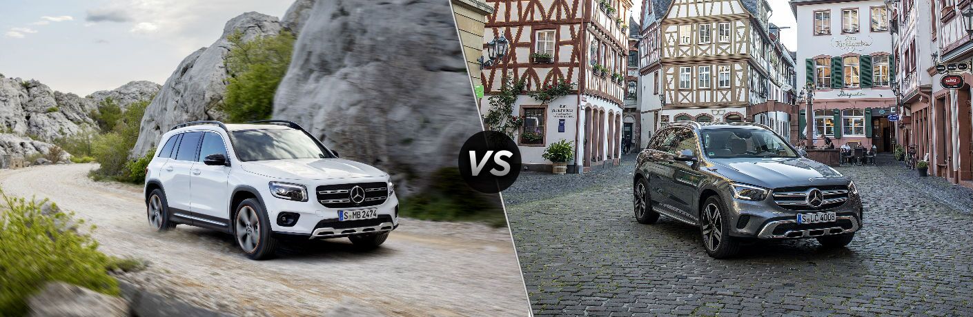 2020 MB GLB exterior front fascia and passenger side outdoors vs 2020 MB GLC exterior front fascia and passenger side in front of building