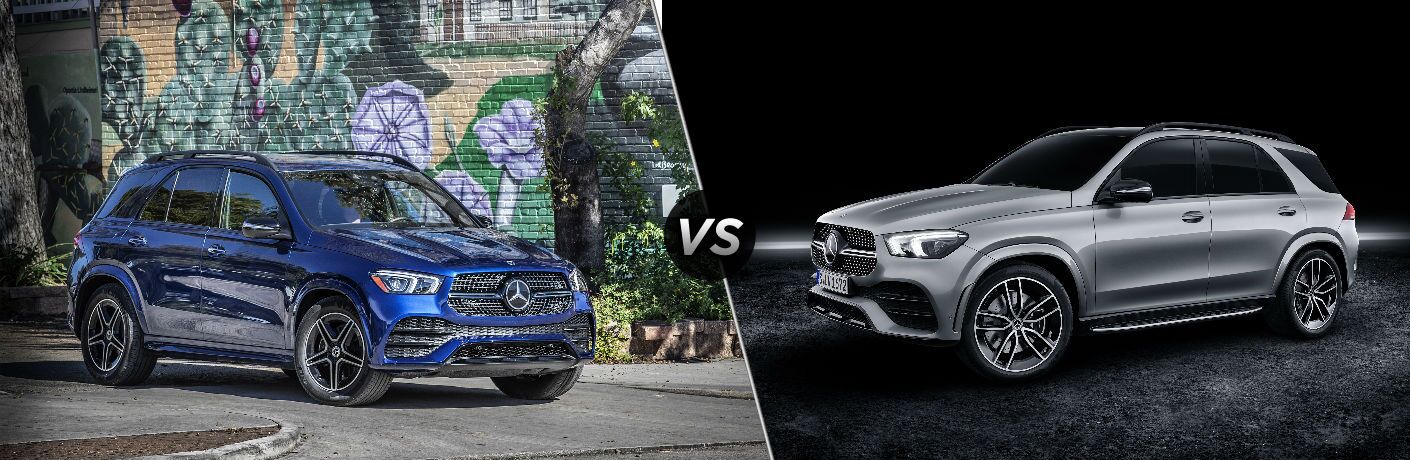 2020 MB GLE 350 exterior front fascia and passenger side in front of graffiti building vs 2020 MB GLE 580 exterior front fascia and driver side in dark gray room