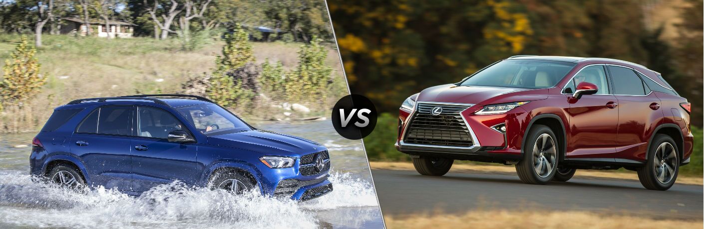 2020 MB GLE exterior front fascia and passenger side splashing through water vs 2019 Lexus RX exterior front fascia and driver side driving on road