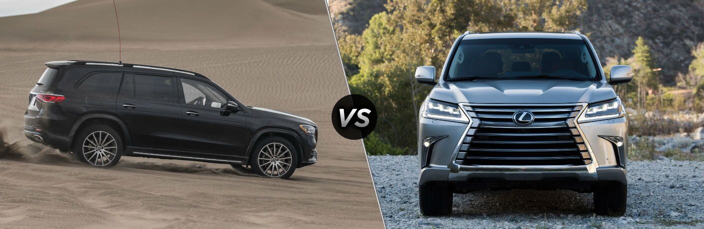2020 MB GLS 580 exterior passenger side in desert vs 2019 Lexus LX exterior front fascia