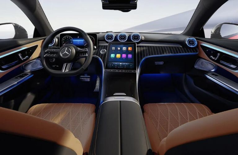 interior steering and dashboard view of a Mercedes-Benz car