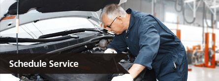 An image of a mechanic working on a car with the words "schedule service"