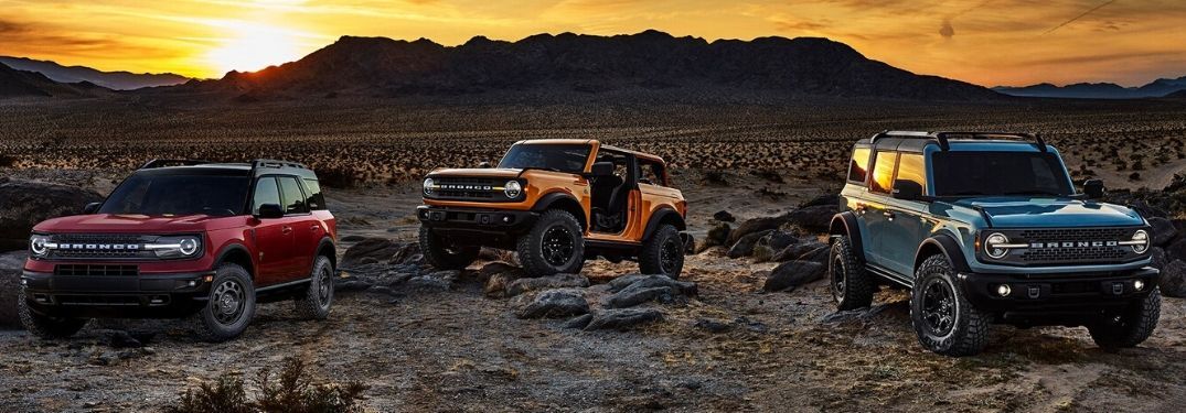 2021 Ford Bronco lineup by desert sunset