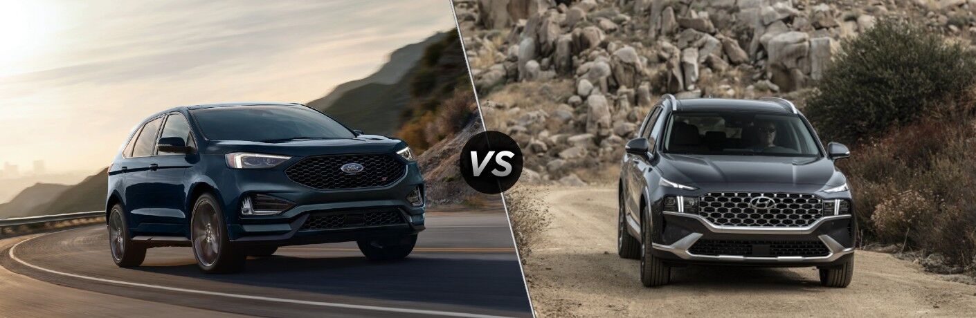 2022 Ford Edge next to the 2022 Hyundai Santa Fe