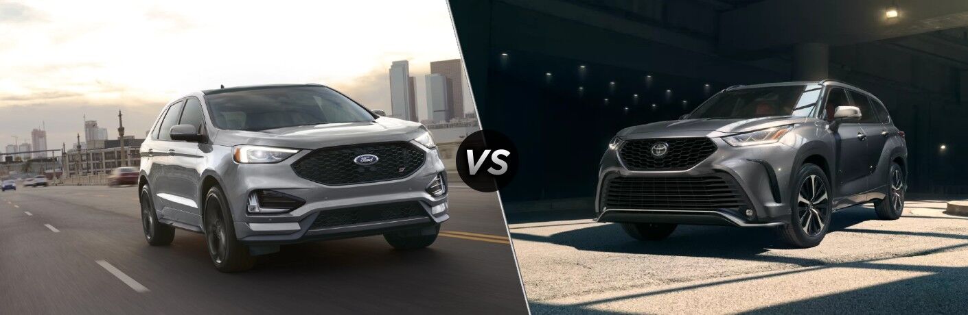 2022 Ford Edge next to the 2022 Toyota Highlander