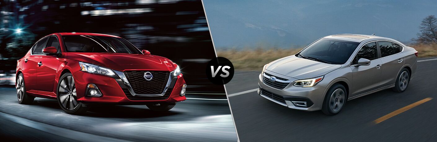 Red 2020 Nissan Altima on left VS silver 2020 Subaru Legacy on right
