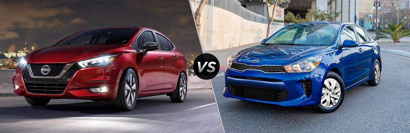 Red 2020 Nissan Versa on left VS blue 2020 Kia Rio on right
