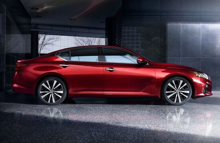 Passenger angle of a red 2020 Nissan Altima