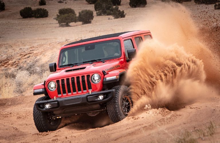 Front Quarter View of the 2021 Jeep Wrangler in the sand