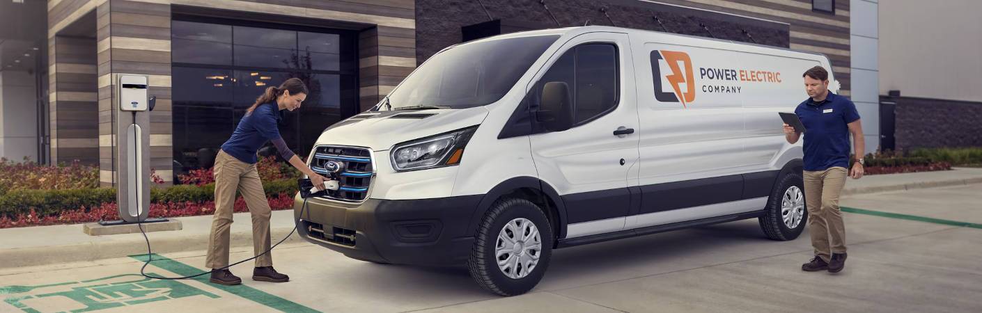 A front quarter view of the 2026 Ford E-Transit cargo van.