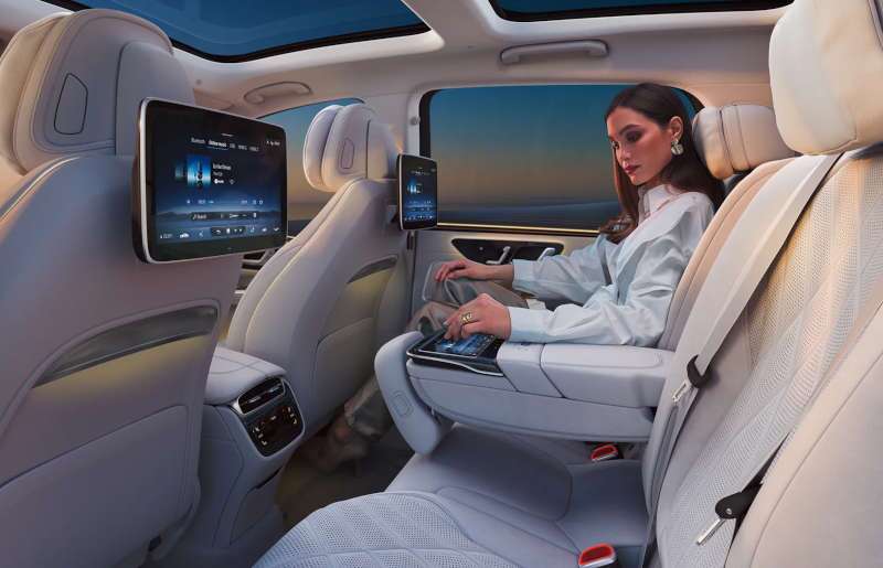 The luxurious rear seating in the 2026 Mercedes-Benz EQS 400 4MATIC® SUV