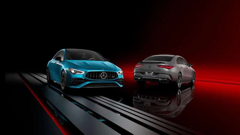 A front and rear external view of the 2026 Mercedes-Benz AMG® CLA 45 S Coupe