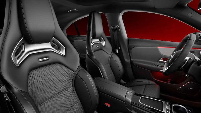 The hand stitched leather seating in the 2026 AMG® CLA 45 S Coupe