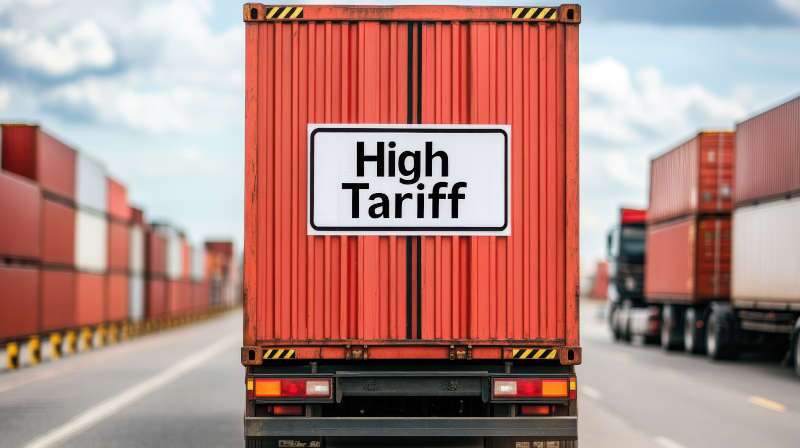 A semi truck with a high-tariff sign on it.