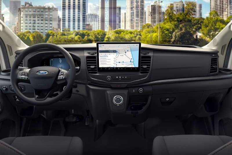 A cockpit view of the 2026 Ford E-Transit Cutaway