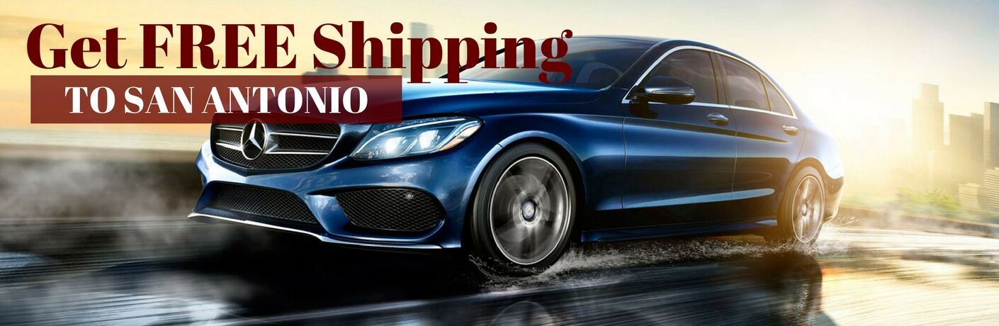 Blue 2017 Mercedes-Benz C-Class on Freeway with Red and White Get FREE Shipping to San Antonio Text
