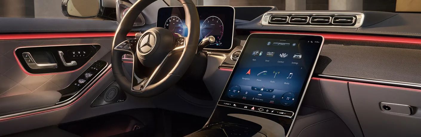 A view of the front dashboard of a Mercedes-Benz