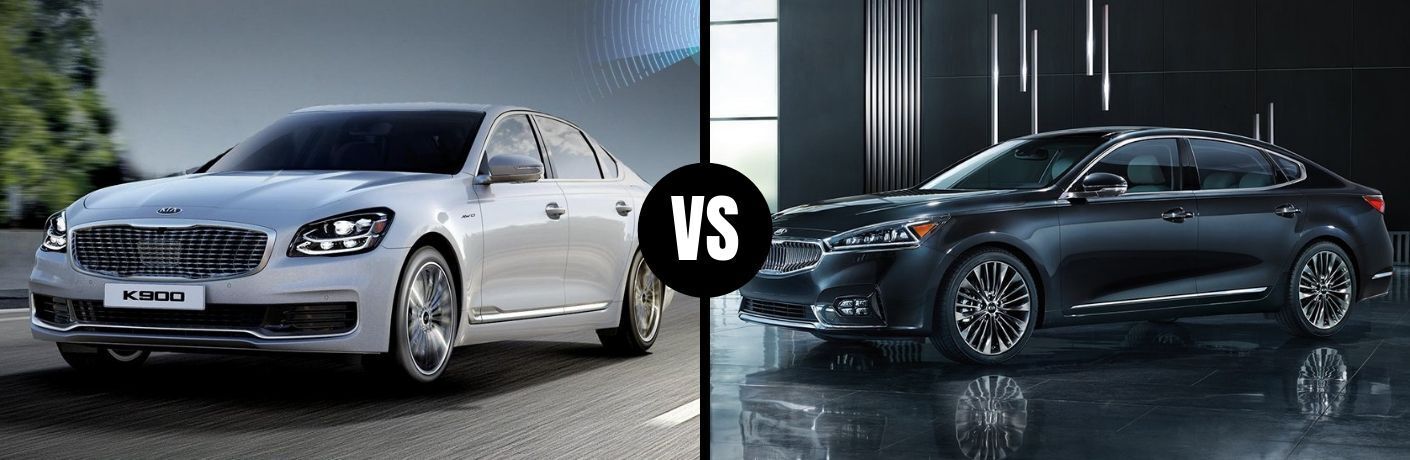 Comparison image of a white 2019 Kia K900 and a black 2019 Kia Cadenza