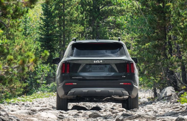 Rear view of the 2023 Kia Sorento parked near a forest