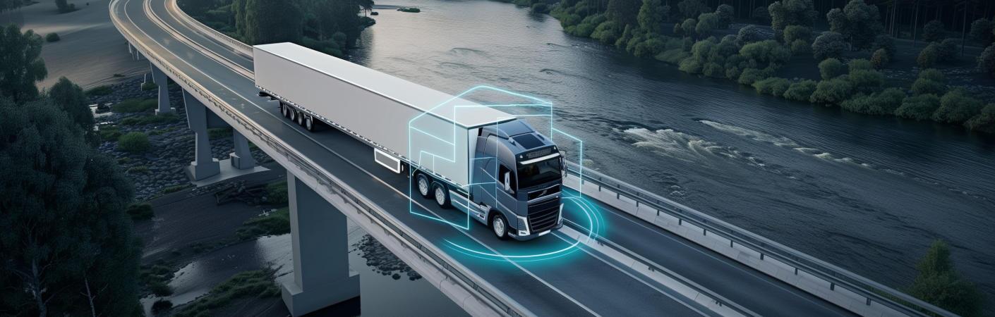 A high-tech semi truck with a graphic of advanced driver technology.