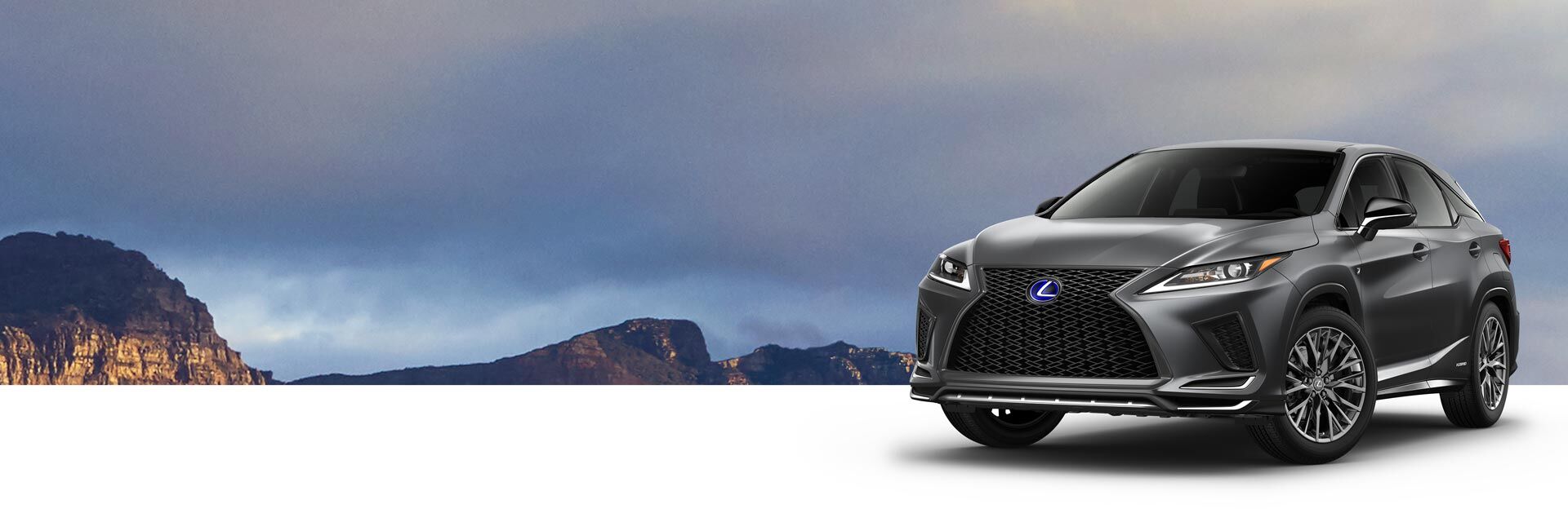 Exterior of the Lexus RX Hybrid F SPORT shown in Nebula Gray Pearl.