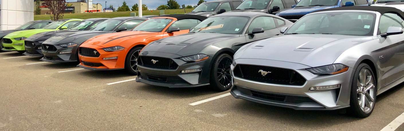 2020 Ford Mustang GT lineup on dealership parking