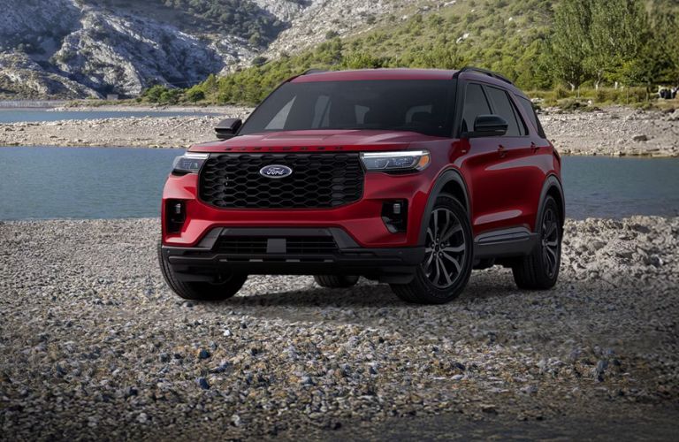 2026 Ford Explorer ST-Line front view on rocks
