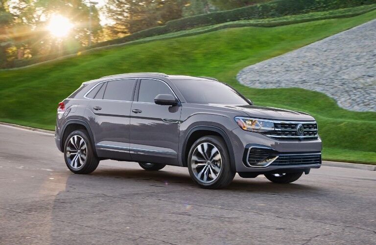 Front passenger angle of a grey 2020 Volkswagen Atlas Cross Sport