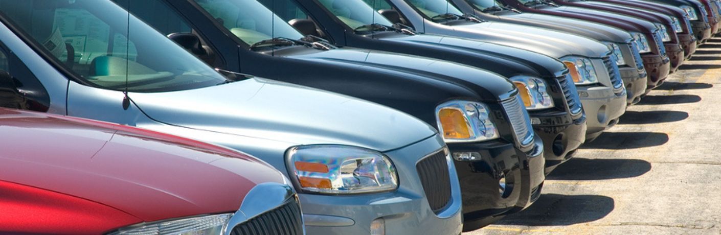 close up of hood of multiple SUVs parked together