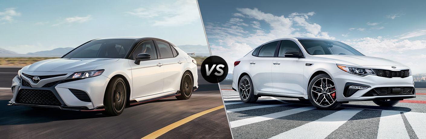 White 2020 Toyota Camry, VS icon, and white 2020 Kia Optima