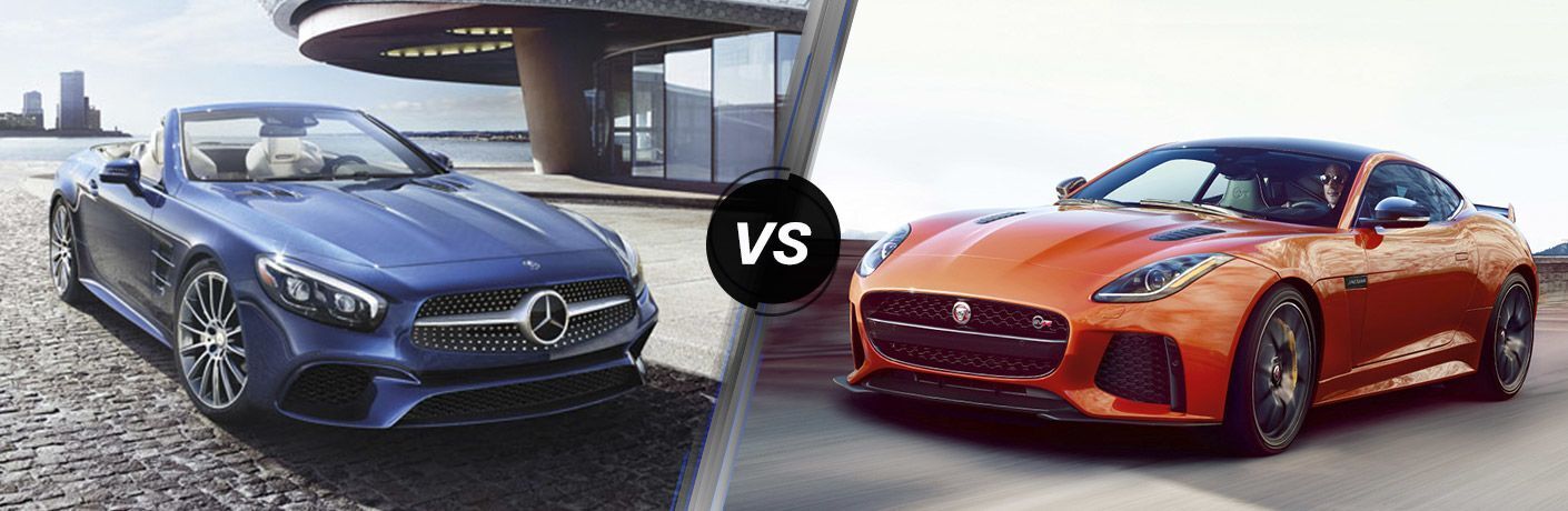 Blue 2017 Mercedes-Benz SL in Driveway vs Orange 2017 Jaguar F-TYPE on Road