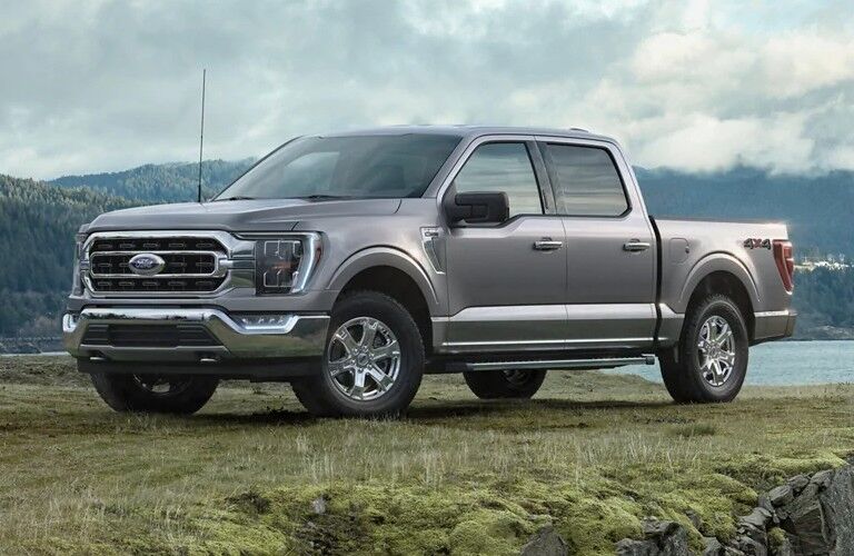Front driver angle of a grey 2021 Ford F-150