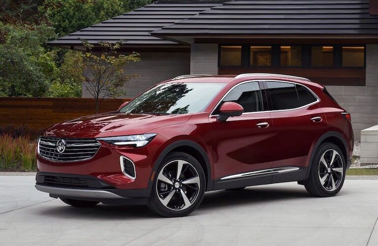 Front driver angle of a red 2021 Buick Envision