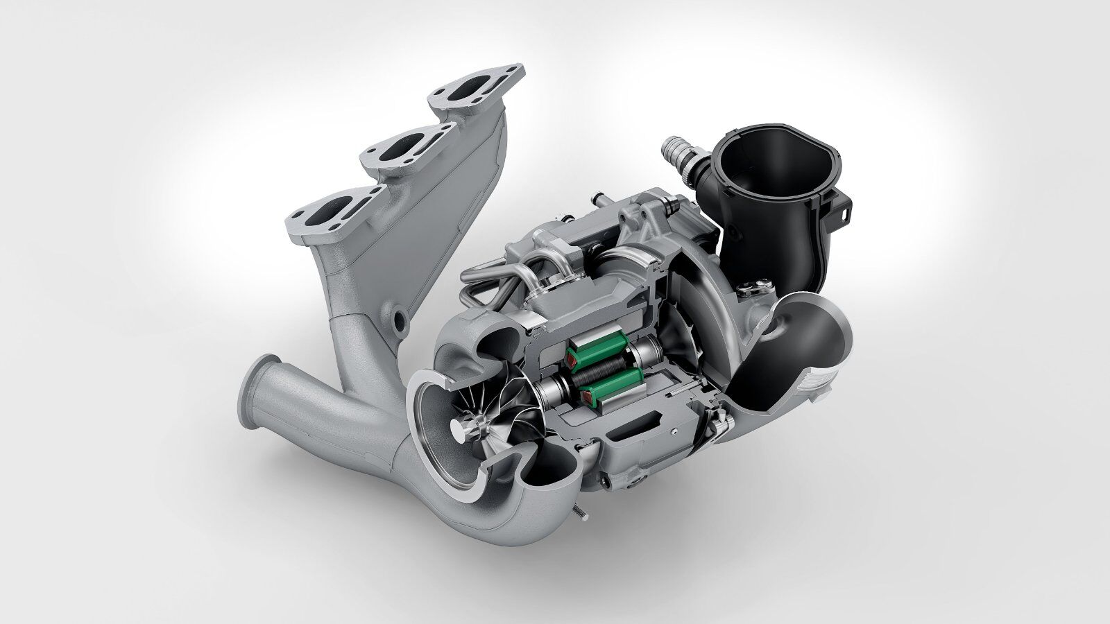 Porsche T-Hybrid electric exhaust turbocharger (eTurbo) cutaway – 911 Carrera GTS