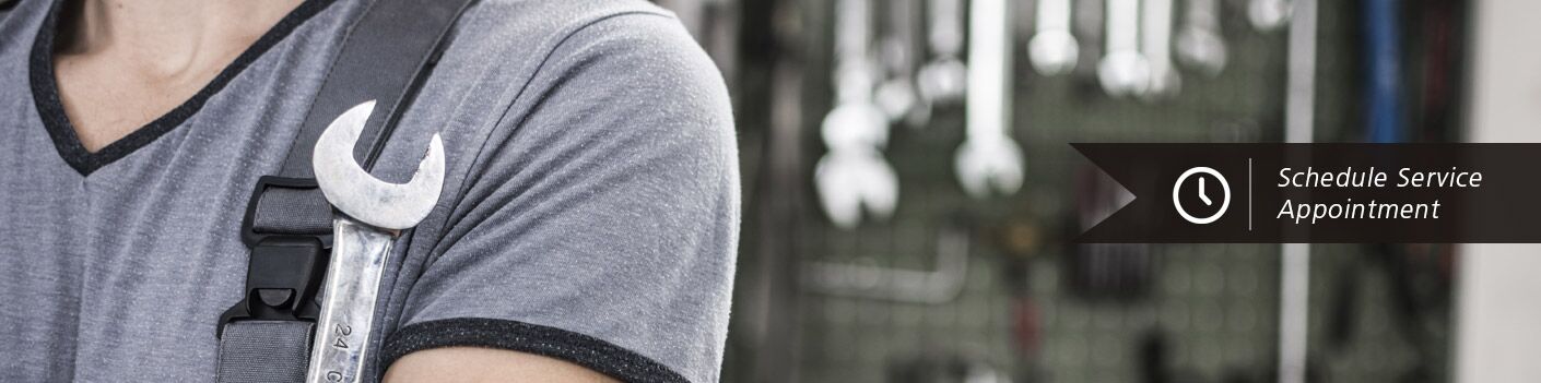 Man in gray t-shirt holding wrench with blurred background and 'schedule service appointment' strip to the right