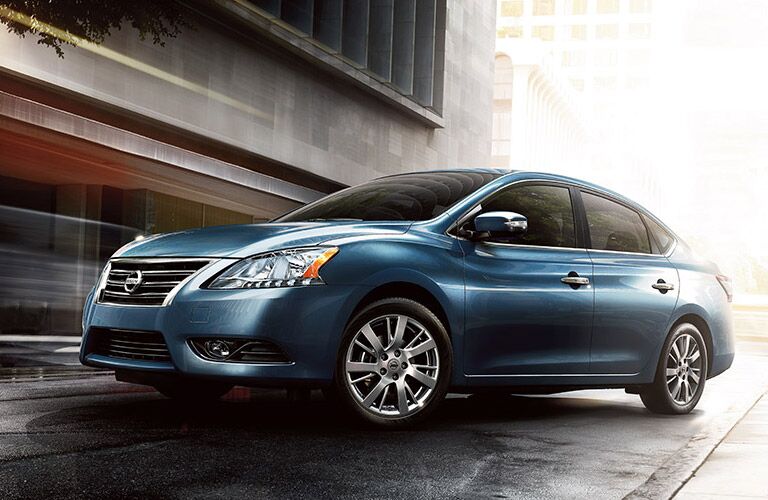 Front driver angle of a blue 2016 Nissan Sentra