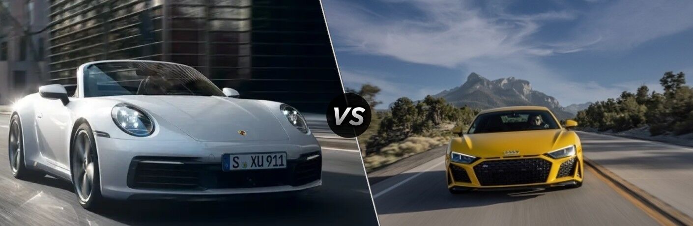 2022 Porsche 911 next to the 2022 Audi R8