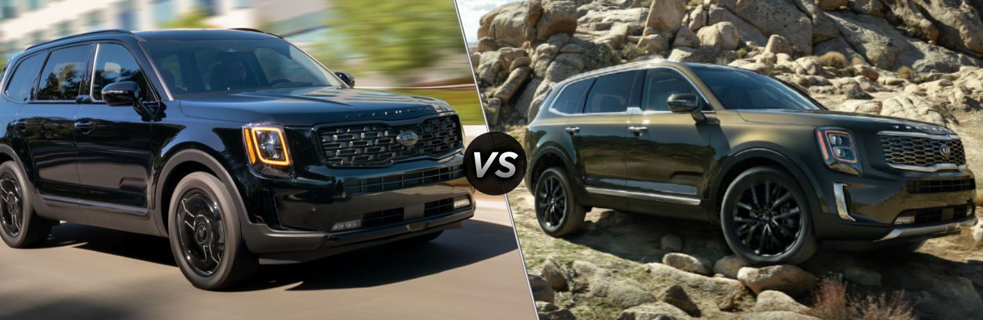 Black 2021 Kia Telluride Nightfall Edition on City Street vs Green 2020 Kia Telluride on a Rocky Trail