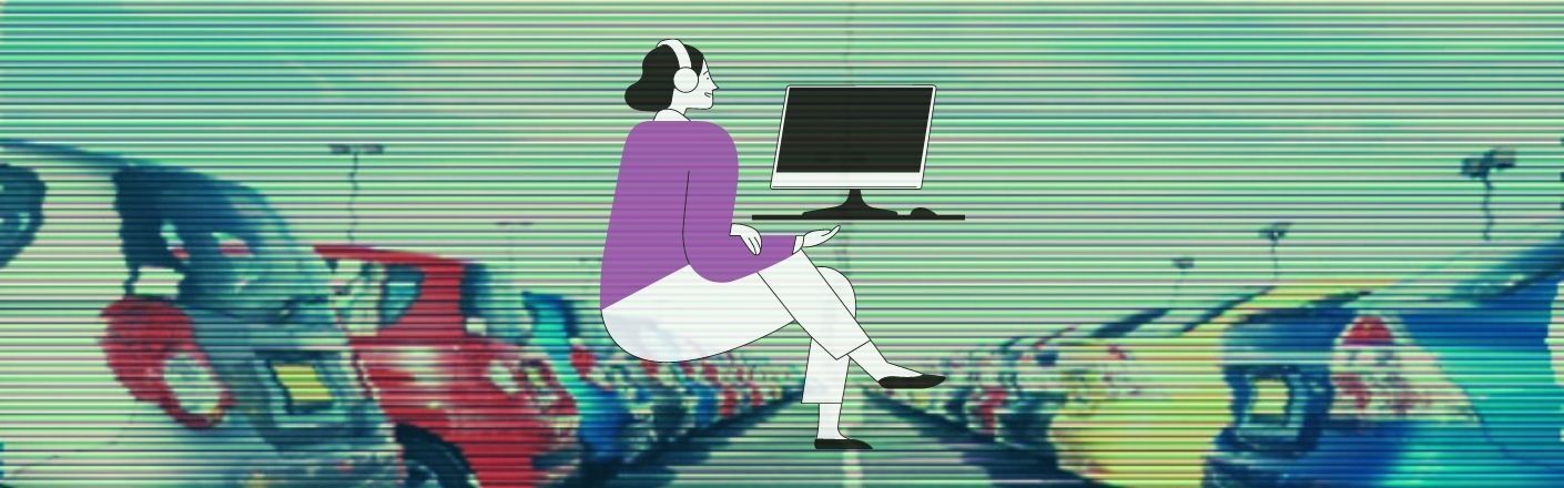 Woman hovers in the midst of a digitized used car lot