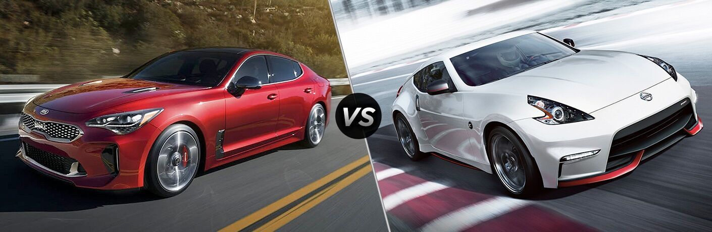 Red Kia Stinger and white Nissan 370Z positioned next to each other in comparison image