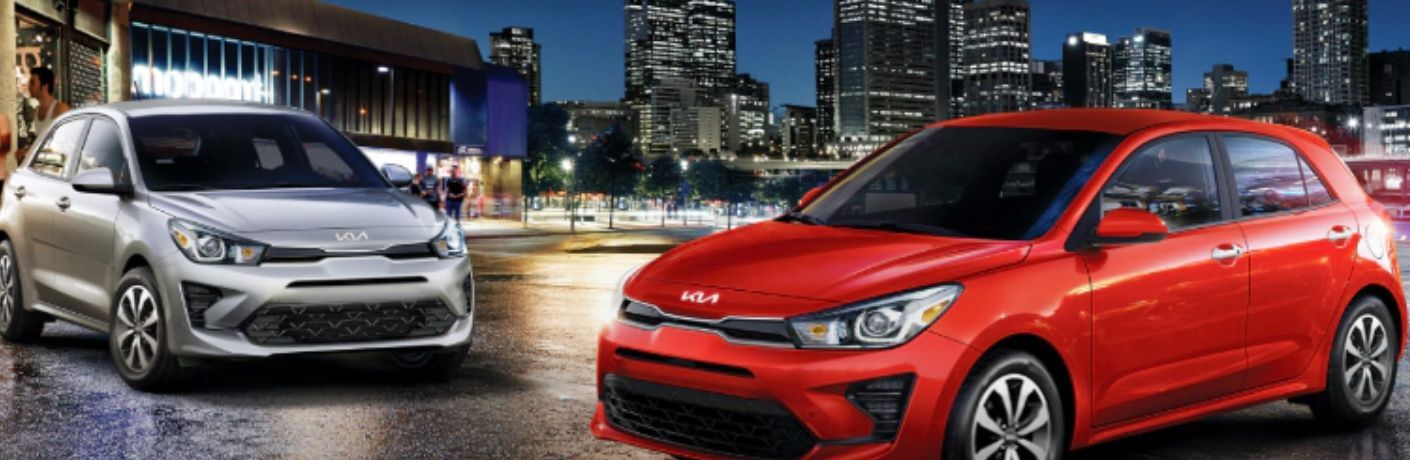 front view of two 2023 Kia Rio 5-Door