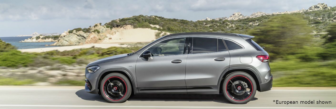 2021 MB GLA exterior driver side on blurred oceanside road