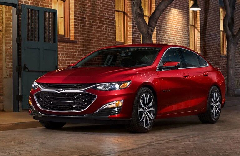 Front driver angle of a red 2020 Chevrolet Malibu