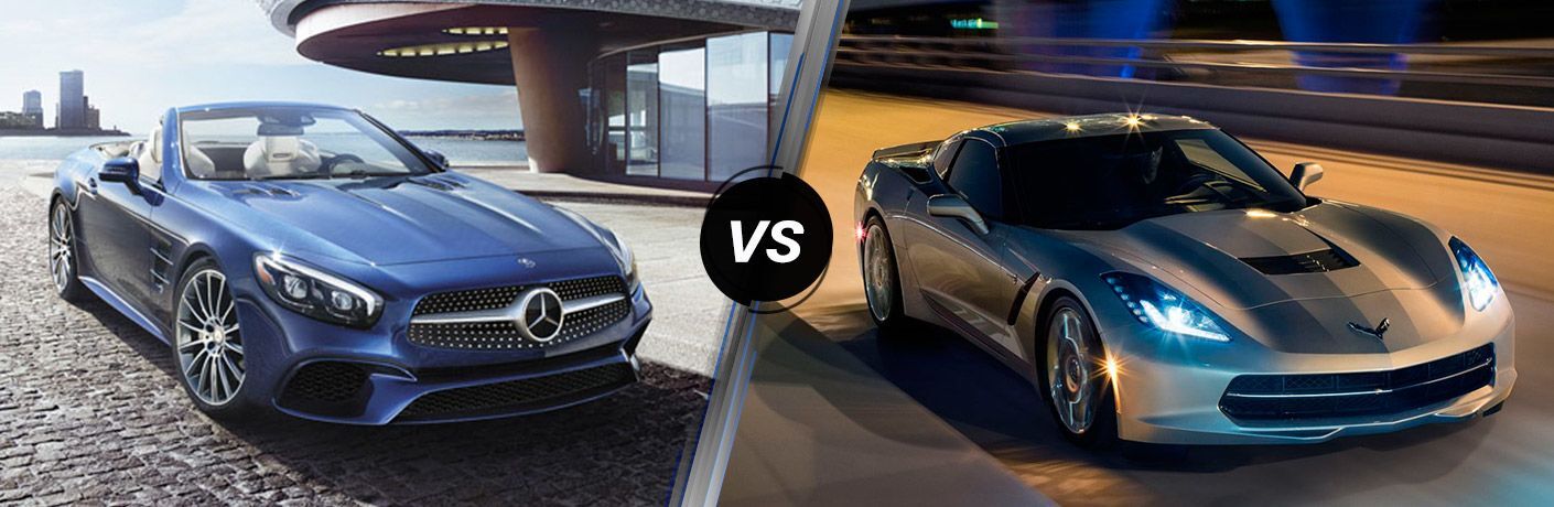 Blue 2017 MB SL Roadster in Driveway vs Silver 2017 Chevy Corvette on a Freeway