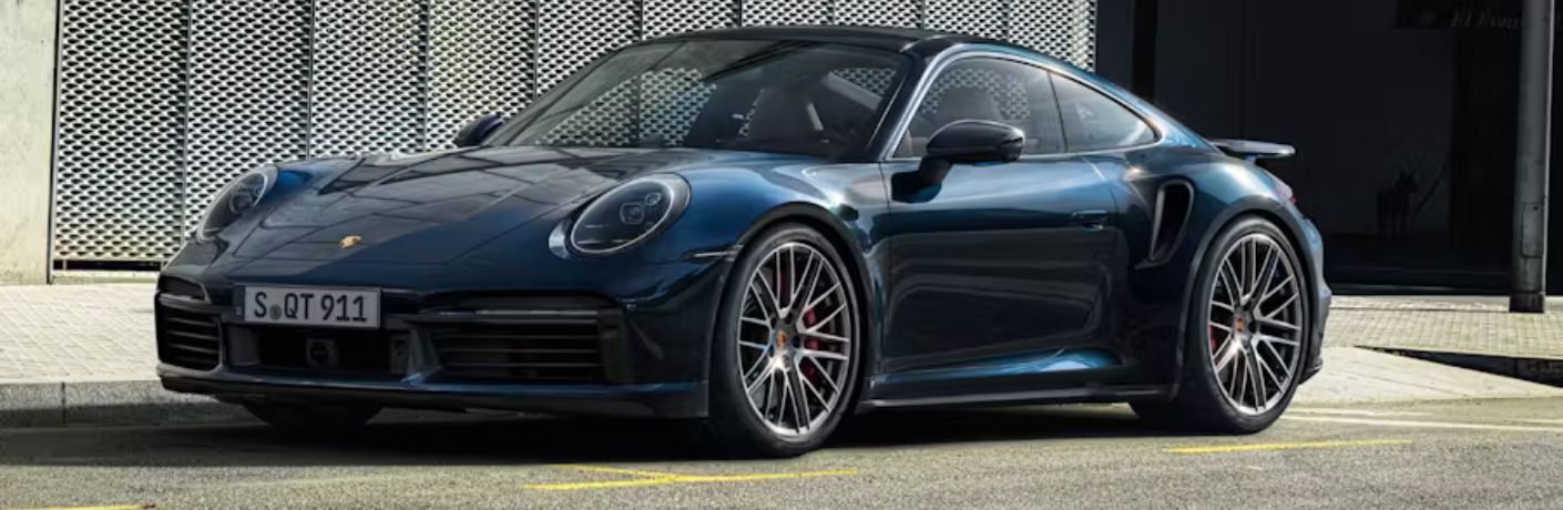 Front-quarter view of the 2026 Porsche 911 Turbo Coupe Blue